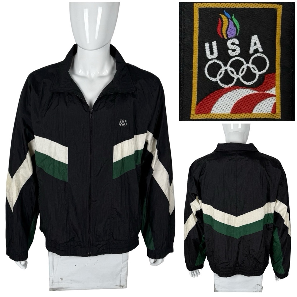 USA Olympic Windbreaker JC Penny Olympic Apparel Mens Large Jacket Black Vintage